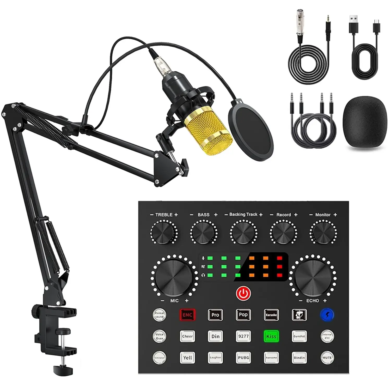 V8S external live digital sound card audio mixer DJ mixer with BM-800 condenser microphone set, used as professional podcast equipment for content creators, TikTok hosts, singing, gaming, home KTV, YouTube
