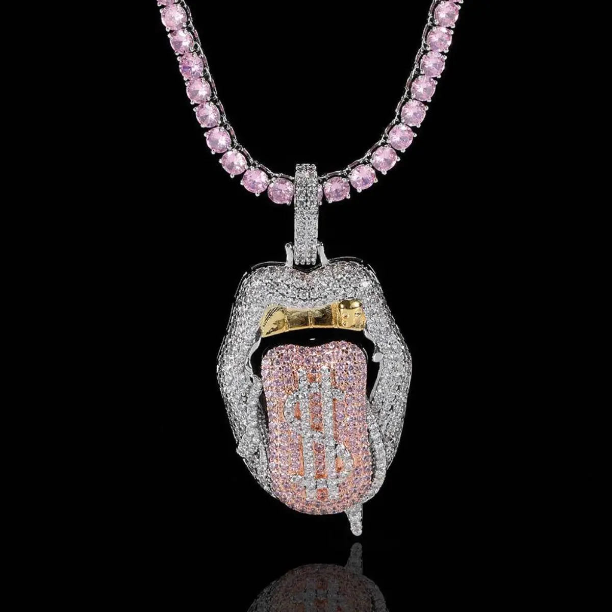 Men's Unisex Stainless Steel Hip-hop Necklace, Slightly Inlaid Zircon Tongue Shape Dollar Mouth Pendant, for Casual Wear Trend Jewelry Accessories, Stainless Steel Jewelry