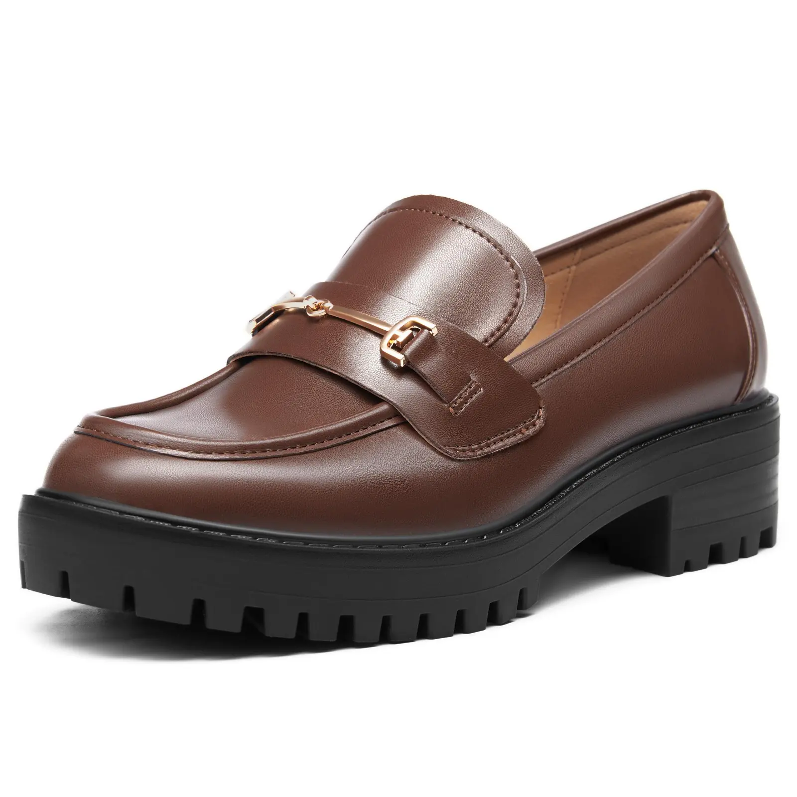Coutgo Women's Leather Platform Loafers, Casual Fashion Slip-On Dress Shoes with Chunky Lug Sole and Metal Chain, Womens Shoes, Round Toe, Chunky Heel, Footwear, Ankle, Plain