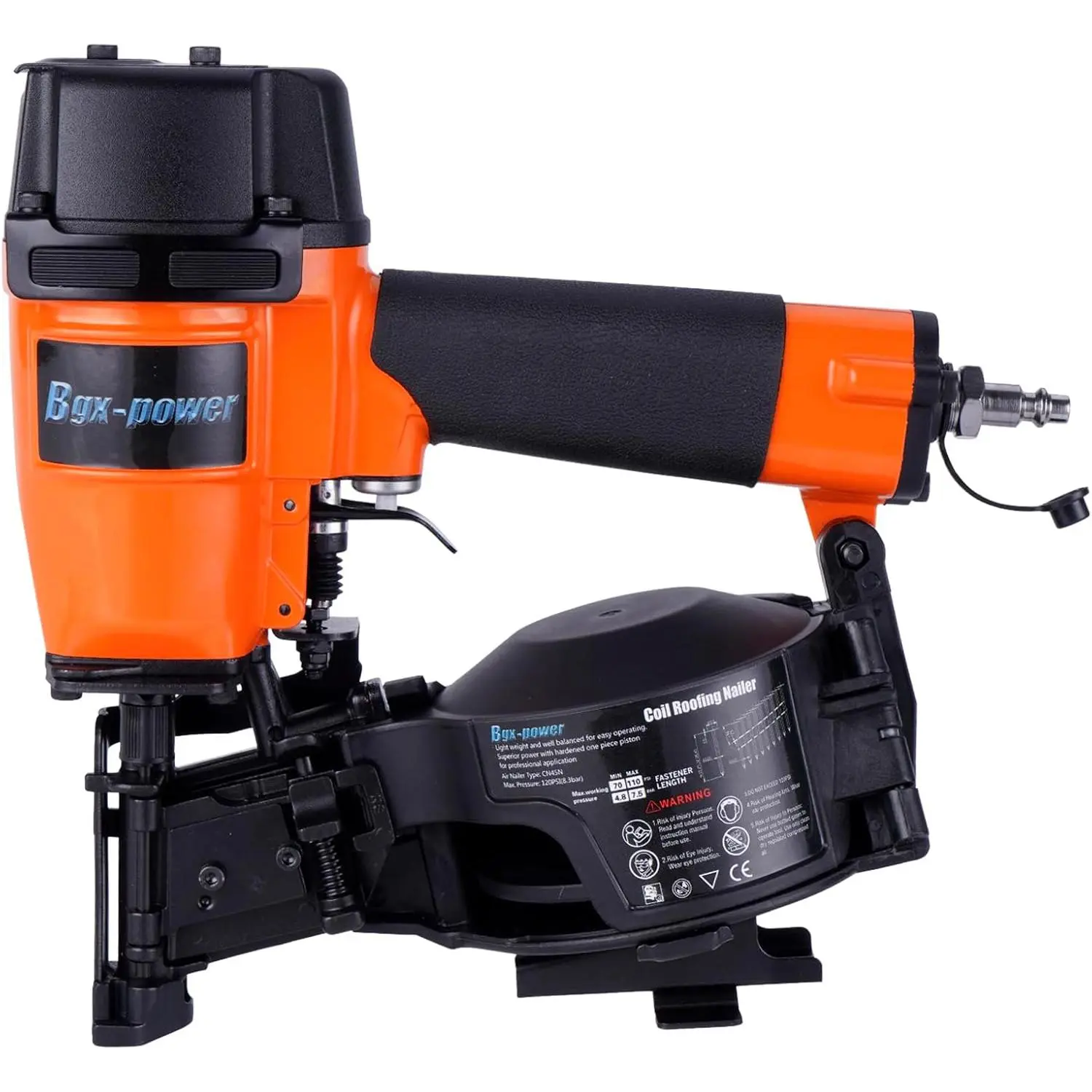 15° Angle Alloy Iron Heavy-Duty CN45N Coil Nailer, Power Tool Roofing Nail Gun with 3/4-Inch to 1-3/4-Inch Coil Nails, 120-Pc Load Capacity, Included Goggles Set