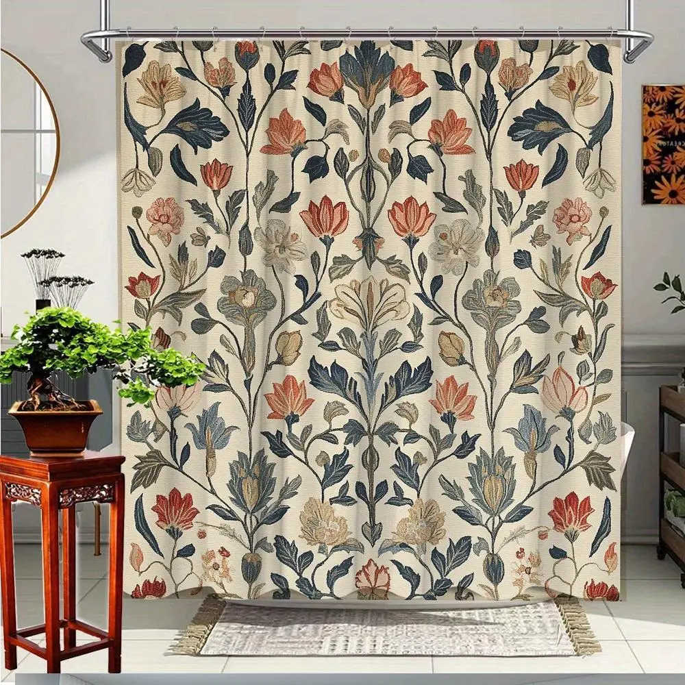 1 piece vintage bohemian floral Boho shower curtain, easy-to-maintain aesthetic floral curtains for modern farmhouse bathroom home decor