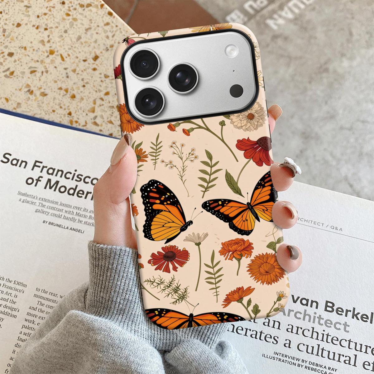 Cottagecore Wildflower Butterfly Design Fashion Phone Case 2 in 1 Case for iPhone 17 Pro Max/16 Pro Max /15Pro Max 15/14/13/12 & Samsung S26 /S25Ultra for Girls