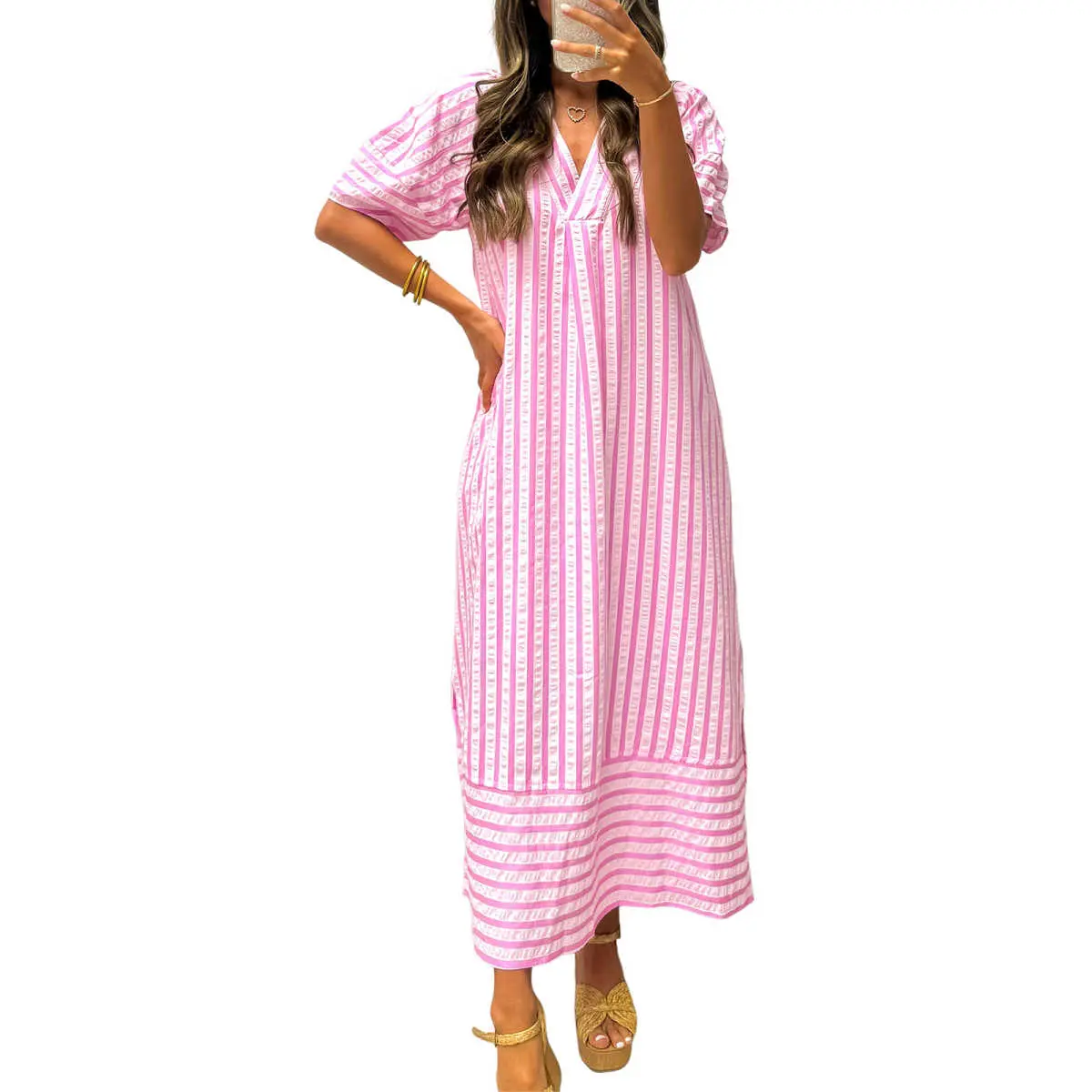 Pink Stripe V Neck Short Sleeve Shift Long Dress