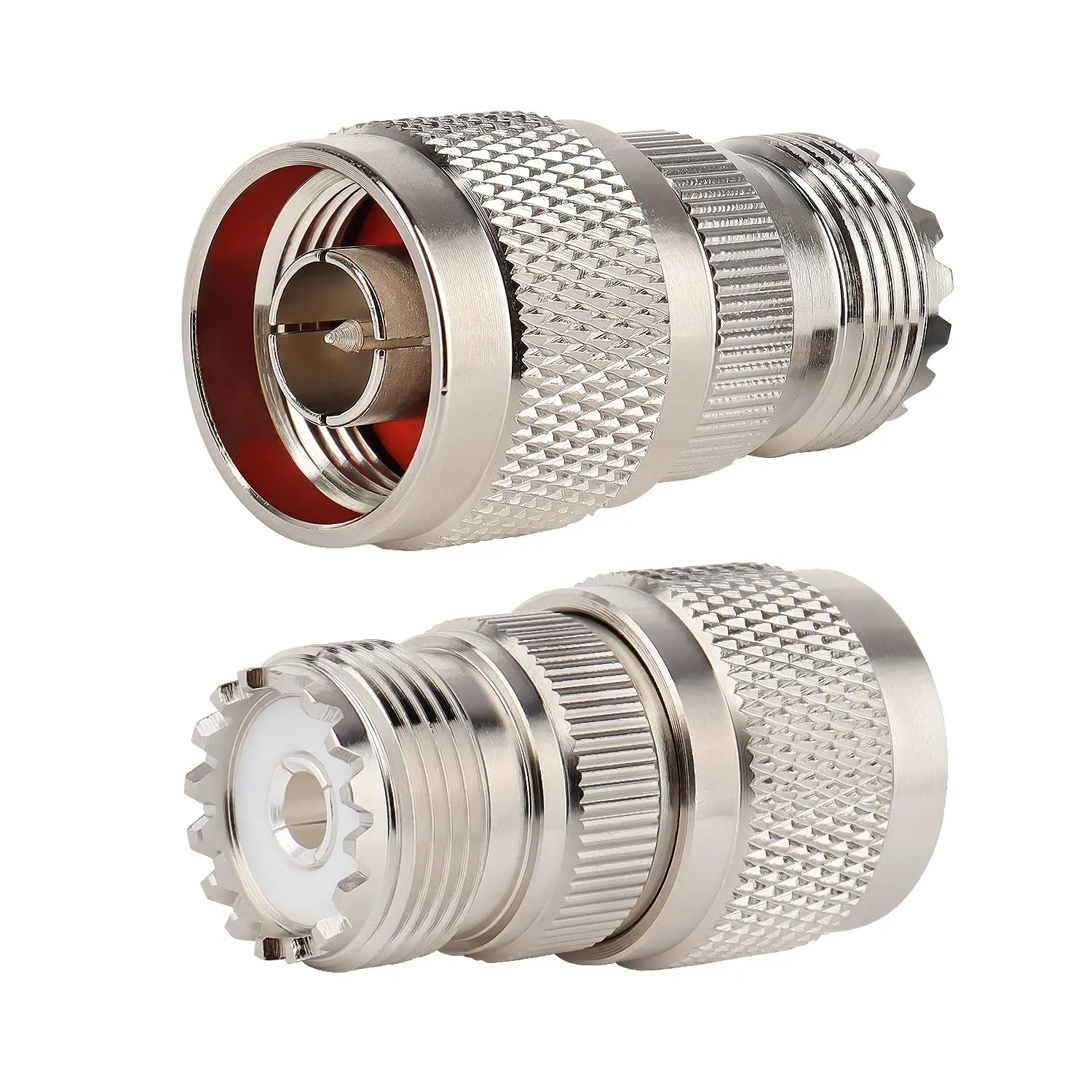 N Male to UHF Female RF Coaxial Adapter (N Connector to PL-259 SO-239), 2 Adapters Pack for Radios, Antennas, Connect 2 Different Types of Cables, 0.1 Signal Loss (Not for TV), Connect Two Different Types Of Cables
