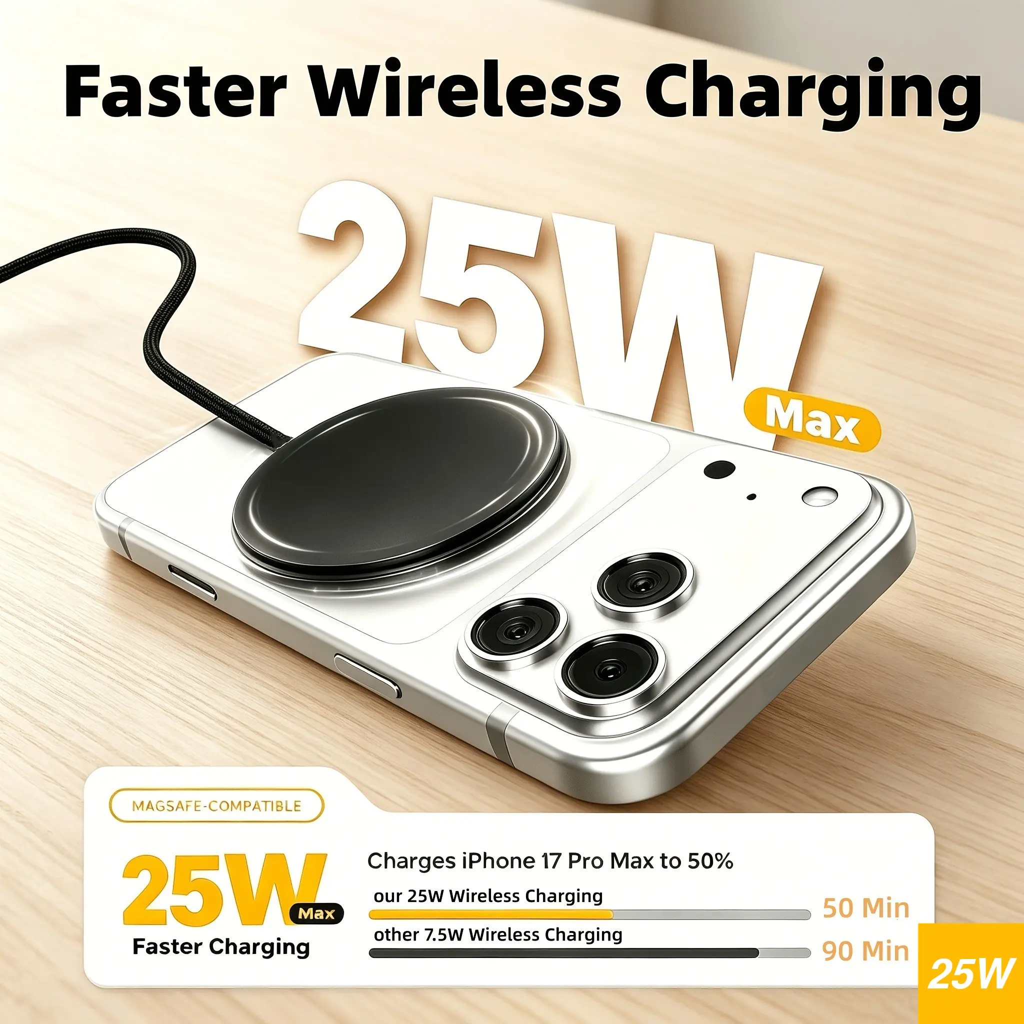 25W Magnetic Wireless Charger, 360° Rotatable Fast Charging Pad, Case Friendly, Compatible with iPhone Samsung AirPods, Desktop Charger for Home Office