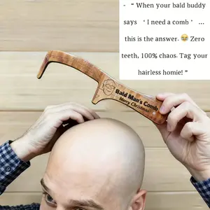 Humorous Design Bald Men's Comb, Unique Gift Idea Christmas Gift for Grandpa, Prank Party Accessory, Large Wooden Hairbrush with Birch Handle, Suitable for All Hair Types