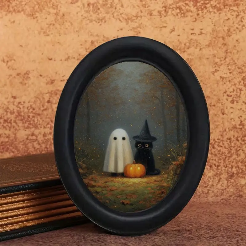 Vintage Oil Painting Style Artistic Spooky Halloween Pumpkin Cat Wall Art, Oval Frame Decor for Home Office, Perfect for Festive Season