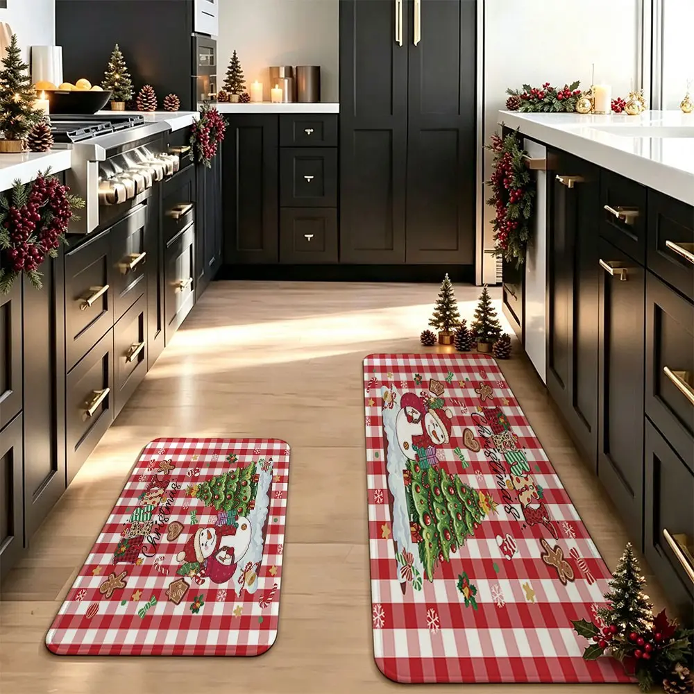 2-Piece Christmas Kitchen Mat Set, Snowman Tree Gingerbread Print, Waterproof Oil-Resistant Non-Slip, Thickened Decorative Rug