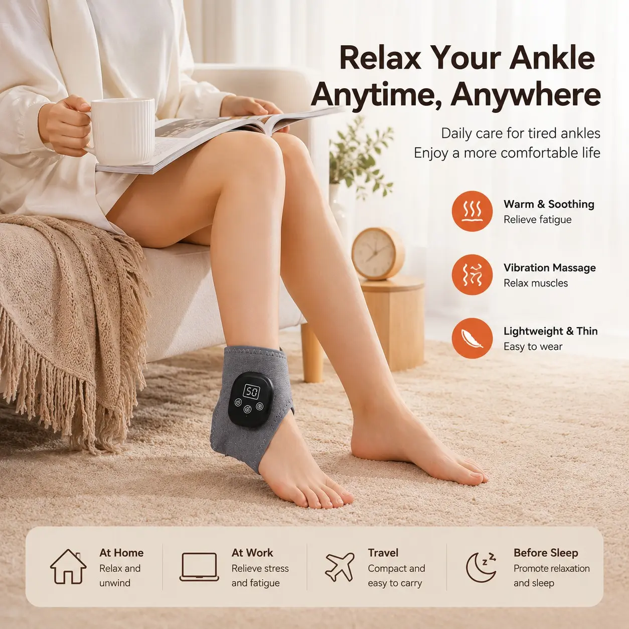 Wireless Heated Ankle Massager, Rechargeable Foot Heating Pad for Pain Relief, Portable Foot Massage Device for Neuropathy Plantar Fasciitis