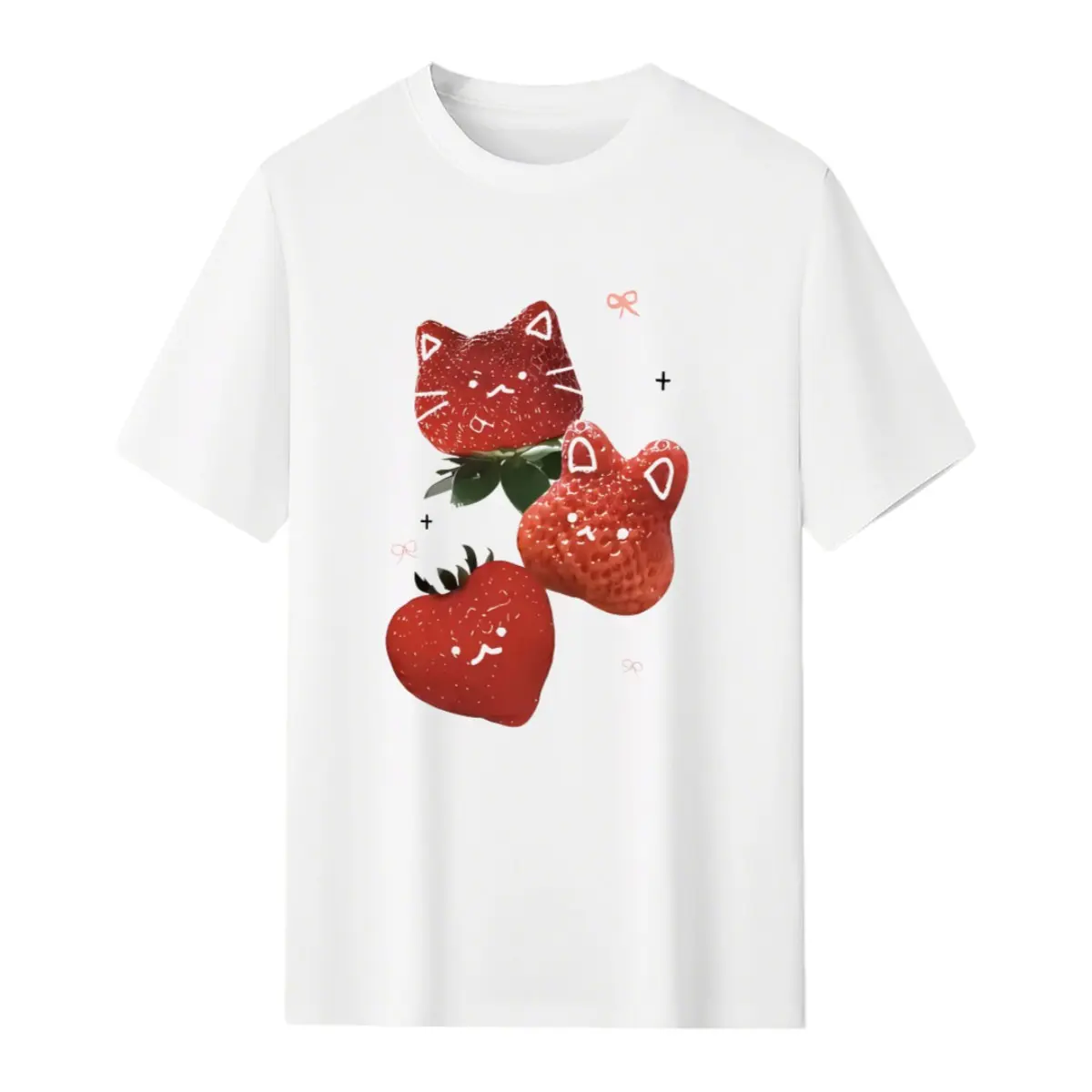 Cute Cat Face Shaped Strawberry Bow Doodle Accent Graphic T-Shirt, Crew Neck Short Sleeve Sweet Fruit Kitten Casual Tee Top Menswear Unisex