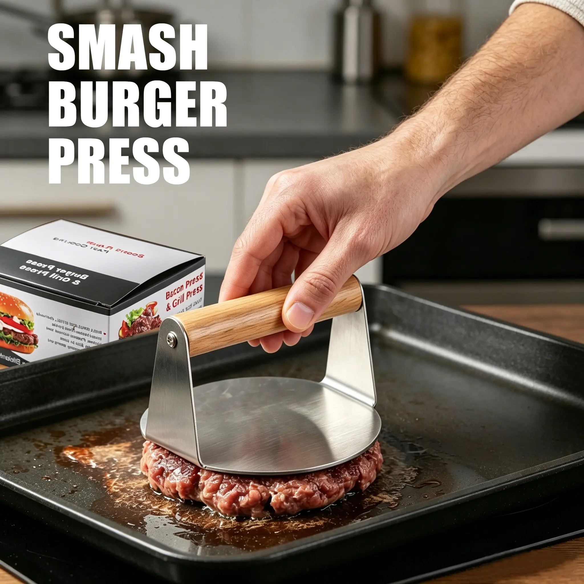 Smash Burger Press Stainless Steel Meat Smasher, Round Griddle Bacon Press with Heat-Insulating Wooden Handle, Kitchen Tools and Gadgets, for Perfectly Crispy Patties, 4.5 Inch