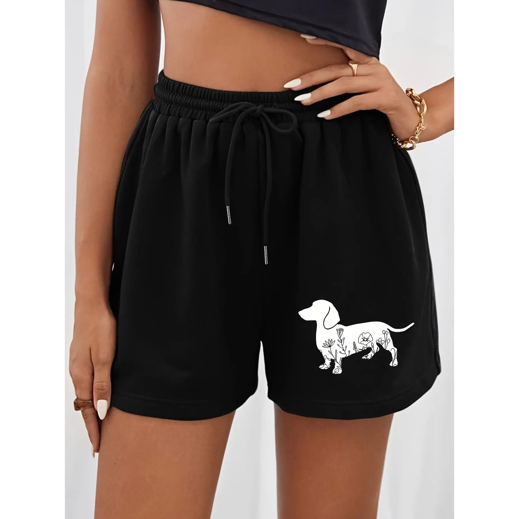 Women's Summer Casual Dachshund Dog Print Shorts - Elastic Waist with Dachshund & Bone Pattern, Wide Side Pockets, Loose-Fit Short, Machine Washable for Beach, Picnic, Casual Attire - Non- Shorts for Warm Weather Outfits (Style,baggy,jort,Low,Rise,Sequins