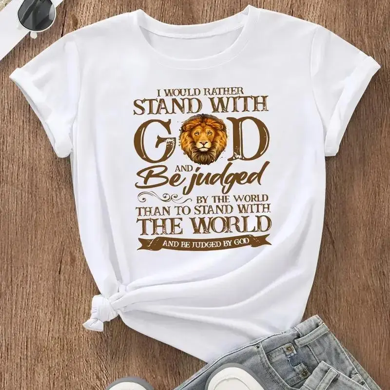 Elegant Womens Lion and Letter Print Round Neck TShirt Perfect for Casual Daily Leisure and Outdoor Activities All Season Wear