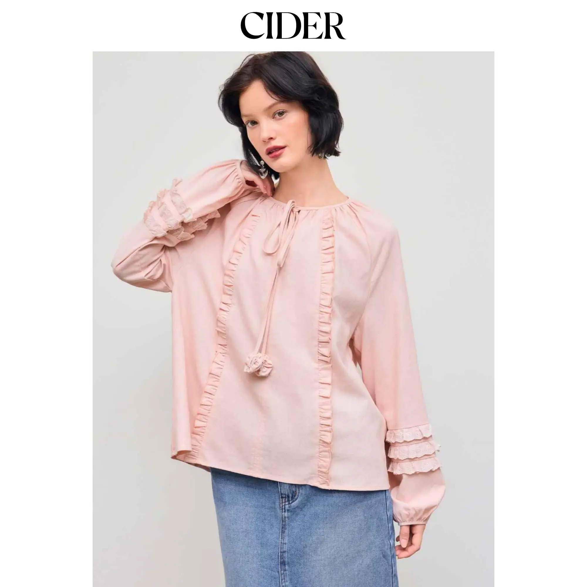 Cider [size 2-10] Cotton-blend Lettuce Trim Oversized Long Sleeve Blouse