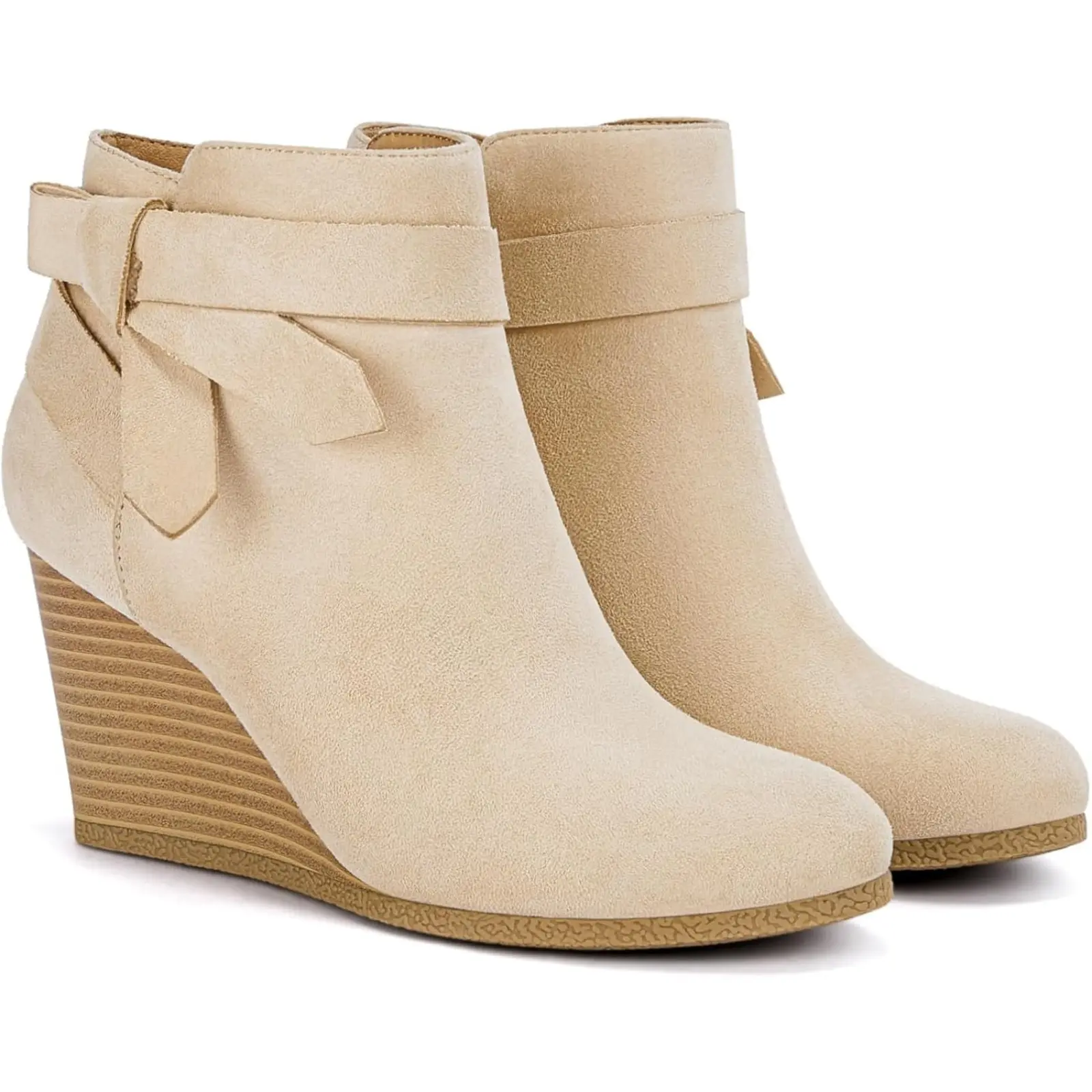 Coutgo Women's Basic Wedge Ankle Booties - Suede, Tie Knot, Stacked Heel, Side Zipper, Fur Lined, Rubber Sole All Seasons Fall Winter Dress Footwear, Round Toe, Plain, Stacked Wedge, Breathable, Lightweight, Minimalist, Ankle Height
