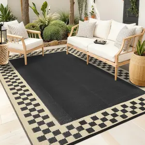 Modern Checkered Outdoor Rugs Waterproof Patio Rugs Indoor Outdoor Bordered Reversible Mat Foldable Lightweight Plastic Straw Carpet for Deck, Picnic, Porch, Camper, Balcony, Beach, Black