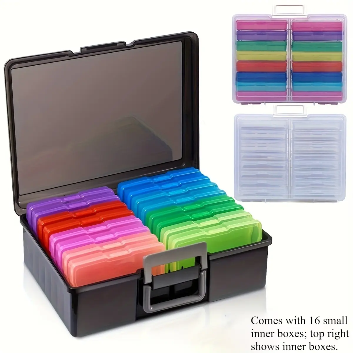 Multi-functional storage box with 16 inner trays, craft storage set - stackable multi-color storage case, portable photo organizer box. Ideal for photos, stickers, seeds, collectibles, beads, jewelry and DIY supplies