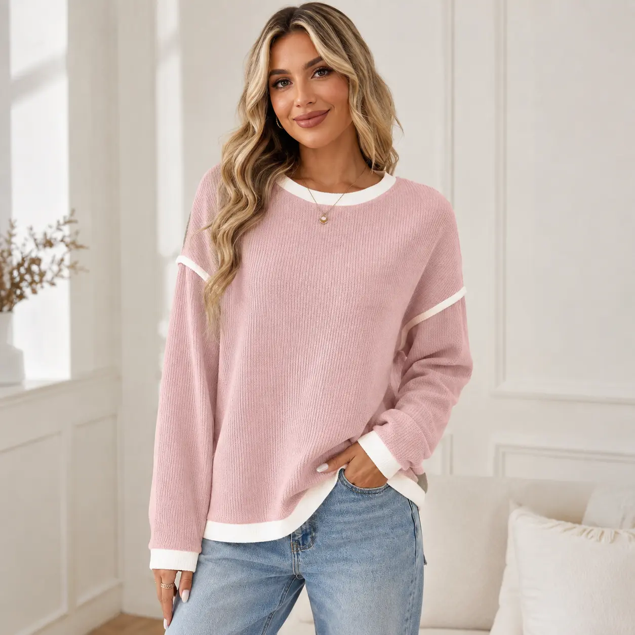 Women's Ribbed Knit Sweater - Long Sleeve Crew Neck Pullover with Contrast Trim, Relaxed Fit Casual Fall Top, Cute Everyday Basic Top, Sweaters for Women