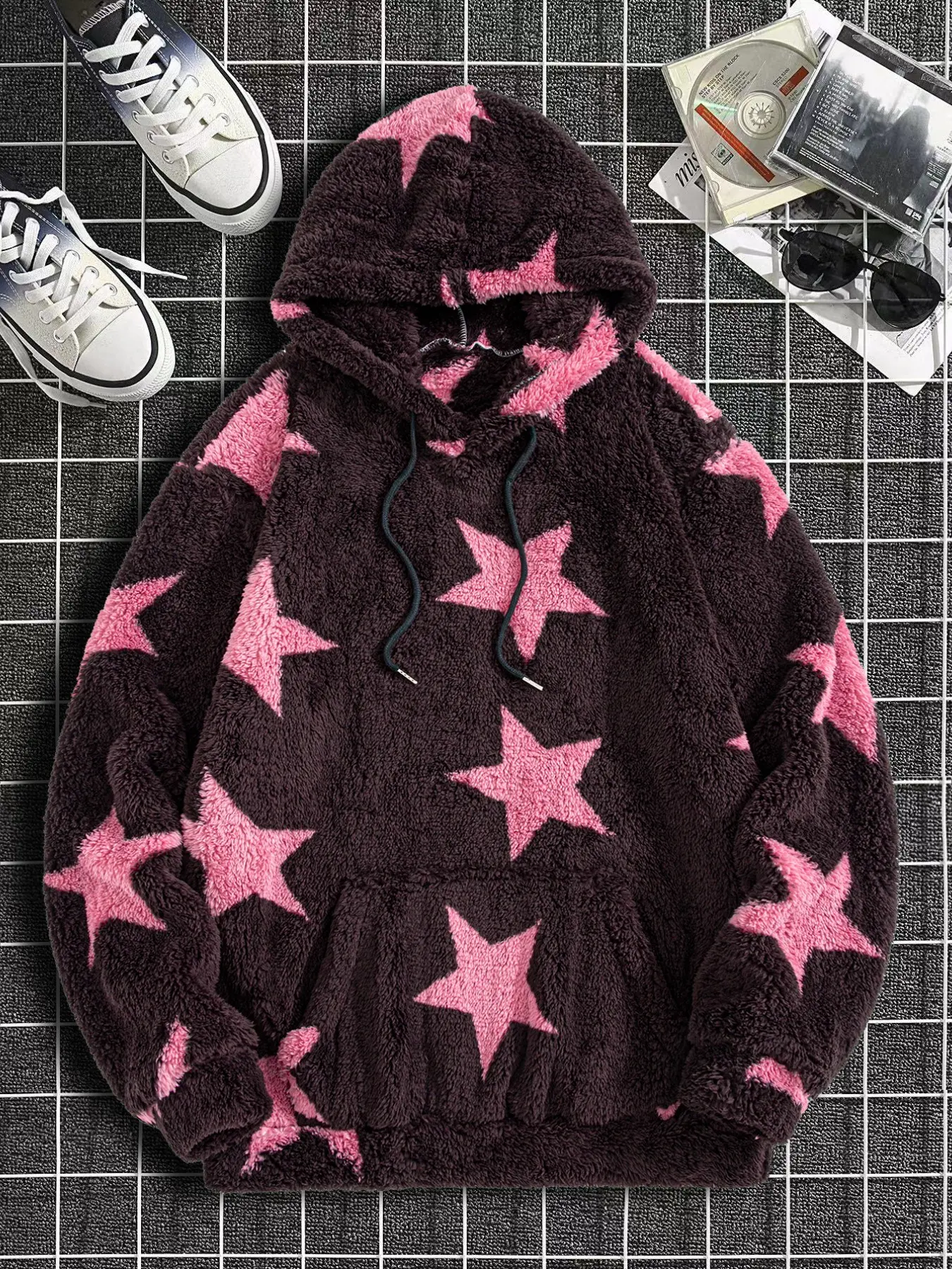 Unisex Star Print Fuzzy Hooded Sweatshirt, Y2K Street Style, Thick Warm Soft Drawstring Kangaroo Pocket, Fall Winter Fashion Jacket