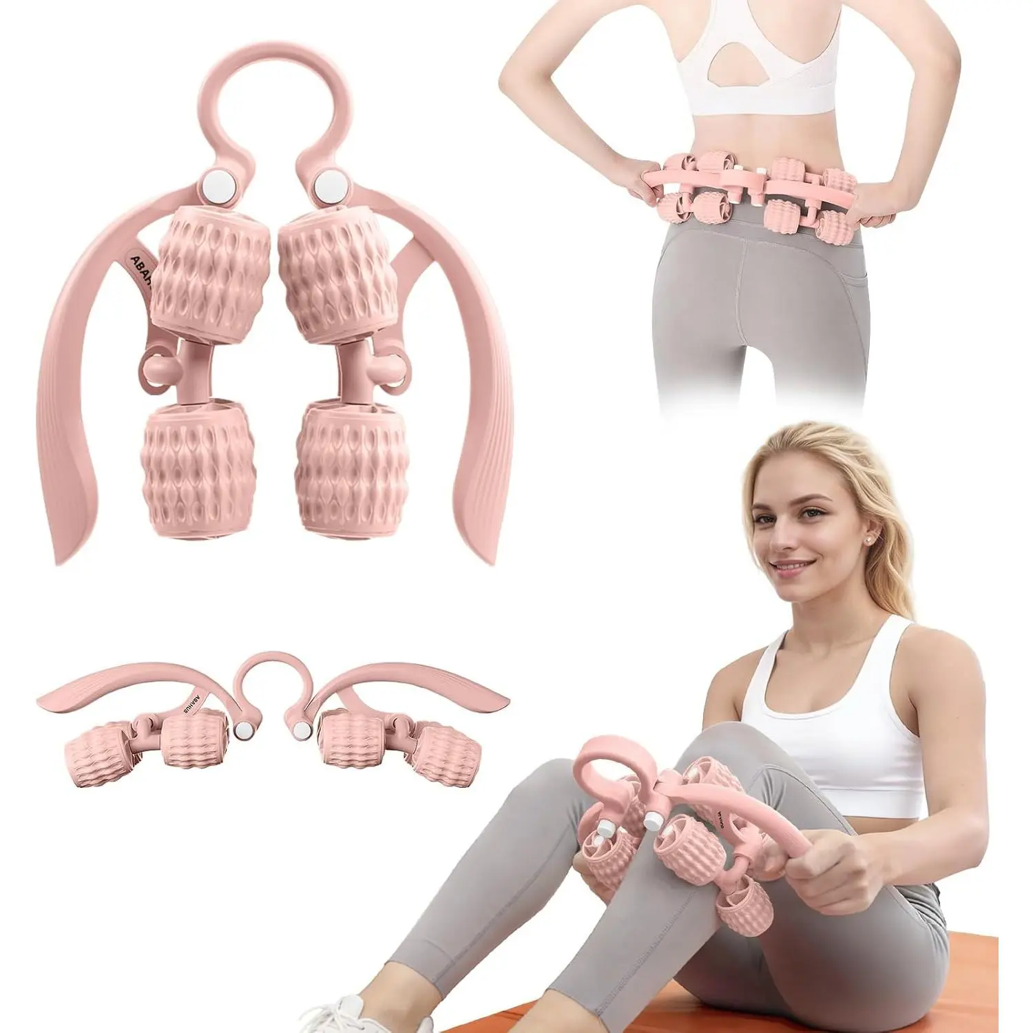 Abahub Manual Massage Roller, Massage Roller for Men Women, Home Gym Deep Fascia Massager, 2-in-1 Relieve Muscle Soreness Massager for Arm, Thigh, Back & Shoulder, Pink