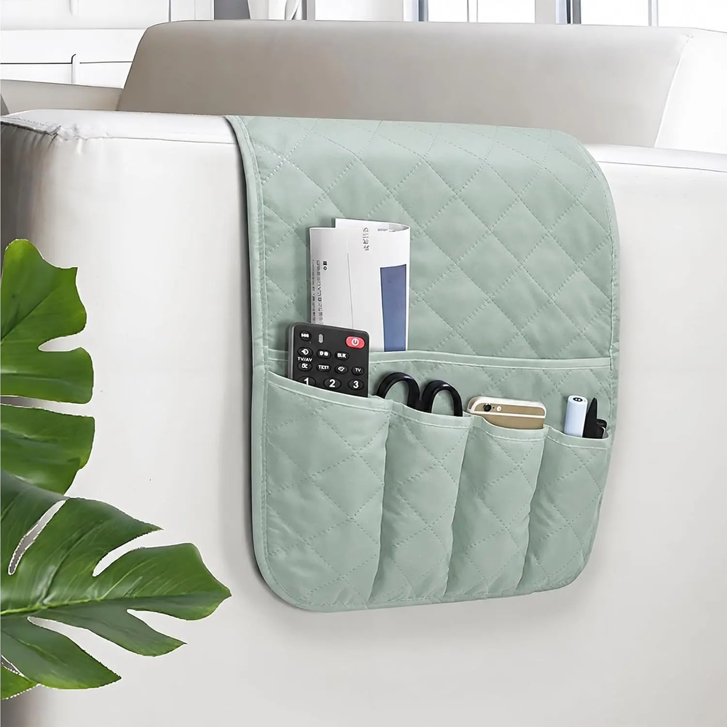 Armchair Caddy for Recliner, Couch Caddy Storage Organizer with 5 Pockets, Non Slip Sofa Arm Organizer for Remote Controls, Phone, Magazines, Tablet (Sage Green)