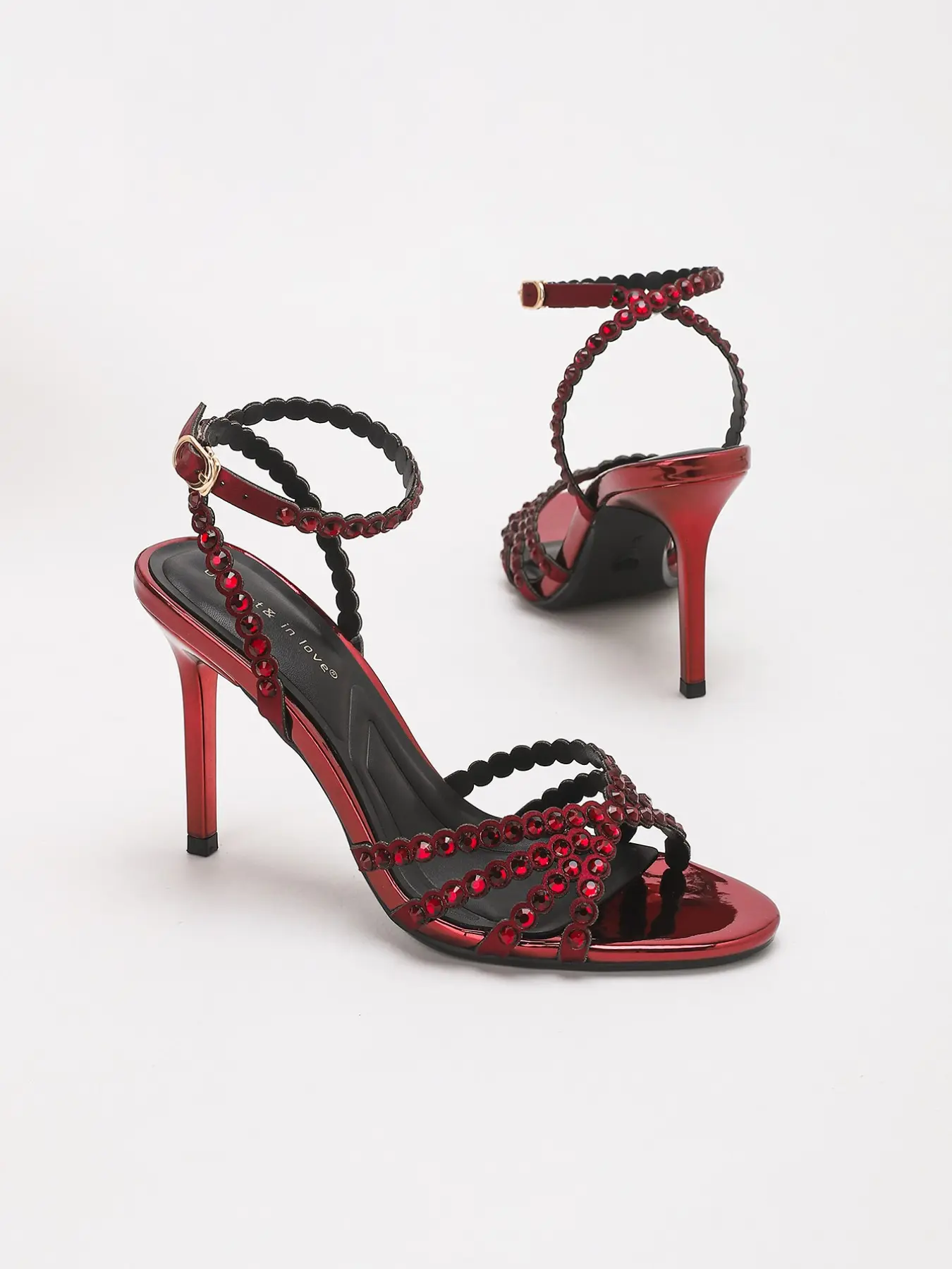 Women's Multi-color Metallic Mirror Faux Leather Rhinestone Strappy Open Toe Adjustable Ankle Strap High Heel Sandals, Anti-slip Textured Outsole Soft Sole Sparkling Crystal Design Dress Footwear for Daily Casual Outing Rhinestone Decorated Sandals