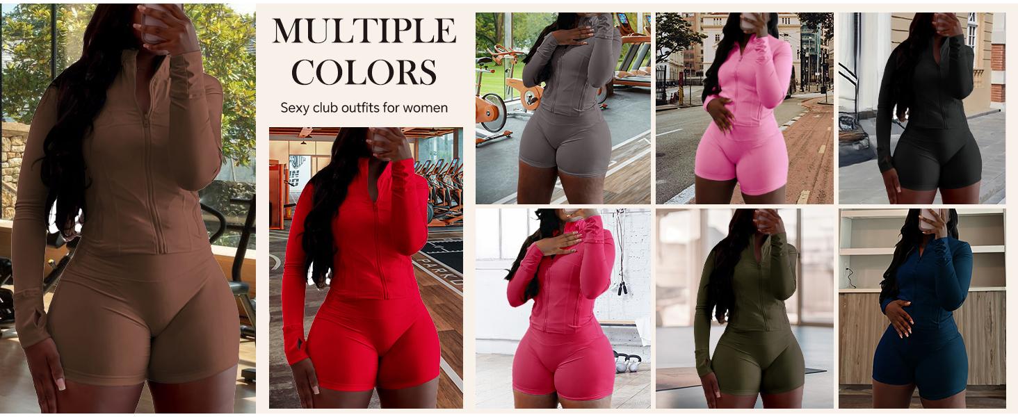 2026 Women Workout Sets 2 Piece Outfits Long Sleeve Zip Sweatshirt Jacket Gym Leggings Biker Shorts Set Tracksuit