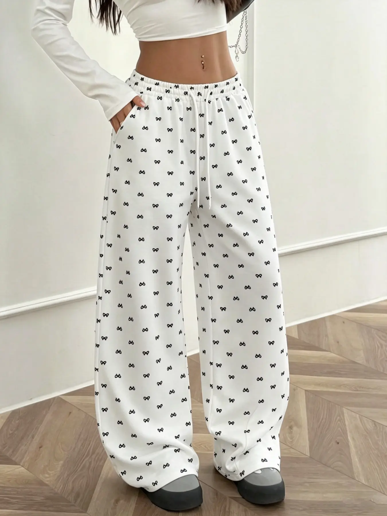 Women's Y2K Coquette Bow Print Wide Leg Pants | Drawstring Waist Adjustable Baggy Sweatpants | Soft Girl Streetwear Casual Loose Trousers | Cute Loungewear Going Out Bottoms