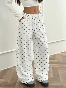Women's Y2K Coquette Bow Print Wide Leg Pants | Drawstring Waist Baggy Sweatpants | Soft Girl Streetwear Casual Loose Trousers | Cute Loungewear Going Out Bottoms