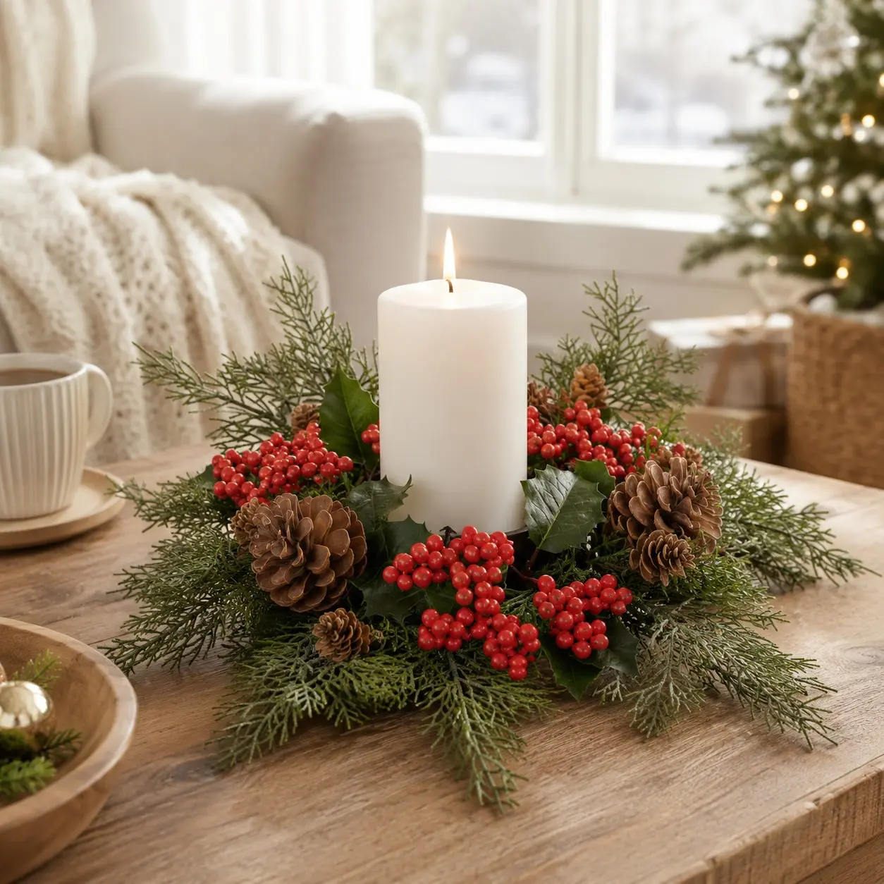 1 Piece Christmas Candle Ring Wreath, Artificial Pinecone Berry Candle Holder Centerpiece, Faux Evergreen Table Decor for Holiday Dining Table, Mantel & Farmhouse Christmas Decoration