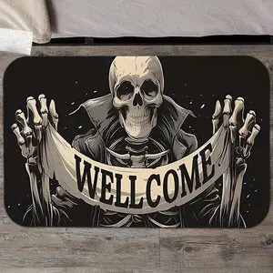 Horror Gothic Skull Welcome Doormat, Skeleton Hold Welcome Banner Print Diatomaceous Earth Entry Mat, Non-Slip Quick Absorbent Dry Indoor Entrance Floor Rug, Spooky Halloween Front Porch Home Decor, Unique Housewarming Gift