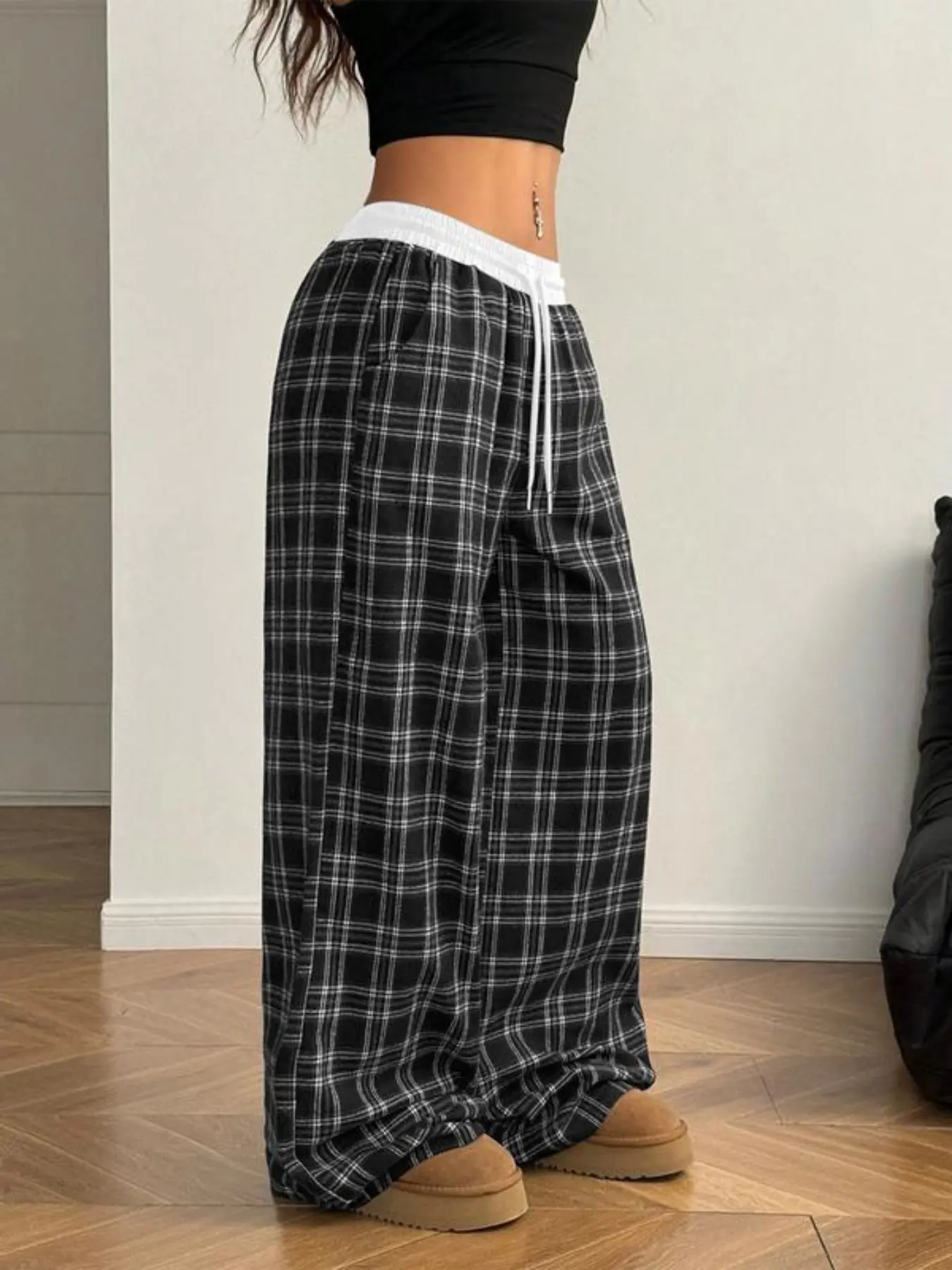 Women's Gingham Pants Plaid Casual Y2K Soft Flannel Trouser Pajama