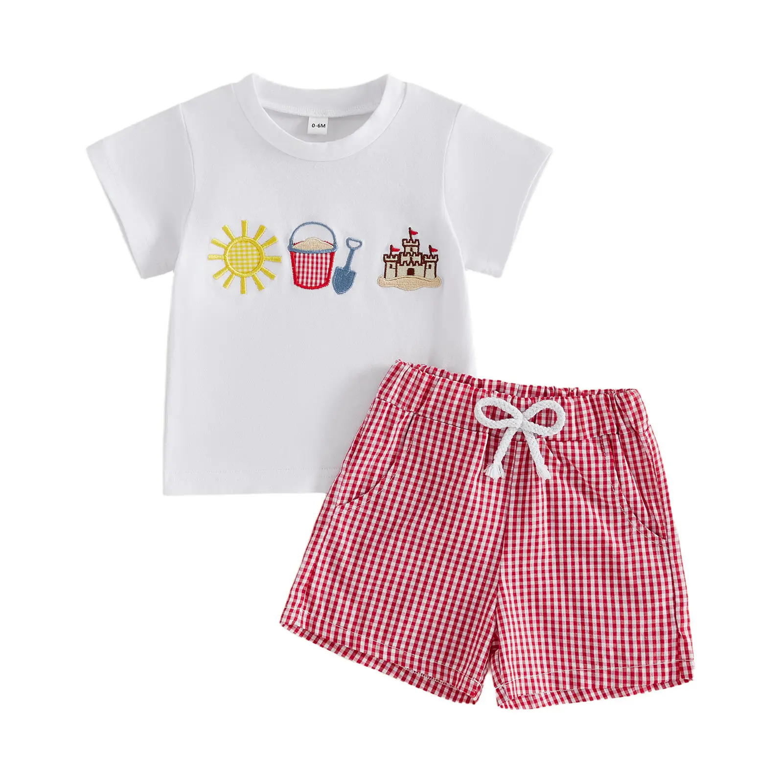 Toddler Baby Boy Girl Summer Beach Outfit Sun Sand Castle Embroidery Short Sleeve Shirt and Plaid Shorts Set Beach Outfit Summer Clothes