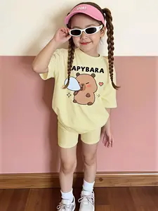 Girls' Capybara Two-Piece Set: Made from a slightly stretchy, skin-friendly fabric, featuring a cartoon capybara print paired with matching shorts. A vibrant, casual style perfect for everyday school wear and outings. Ages 3–10
