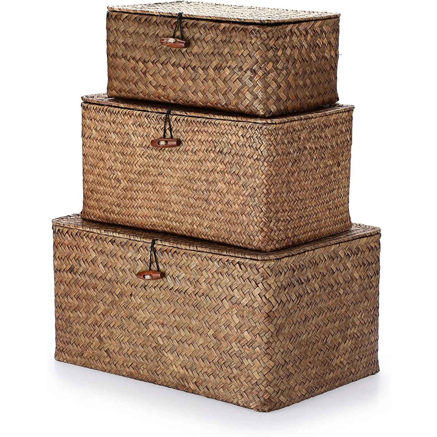 Set of 3 Natural Seagrass Storage Baskets with Lid - Large Handwoven Wicker Storage Bins Rectangular Household Organizer Boxes Shelf Wardrobe Organizer, Coffee