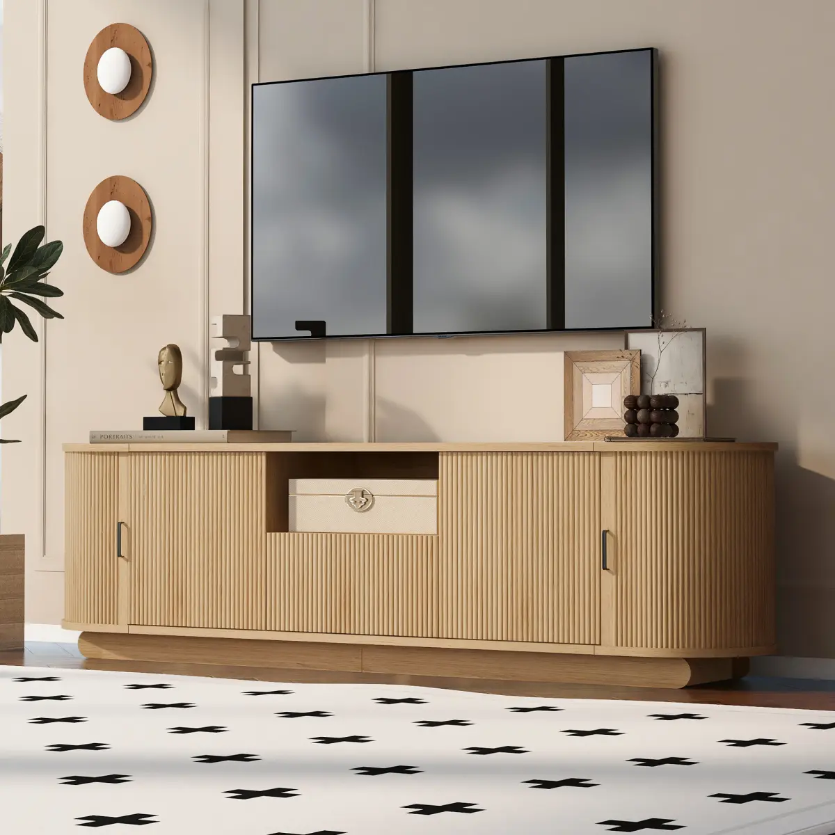 [Bellemave]TV Stand with Open Shelf, Drawer, Cabinets, Hidden Sliding Storage, Rounded Corners, 70.86" W