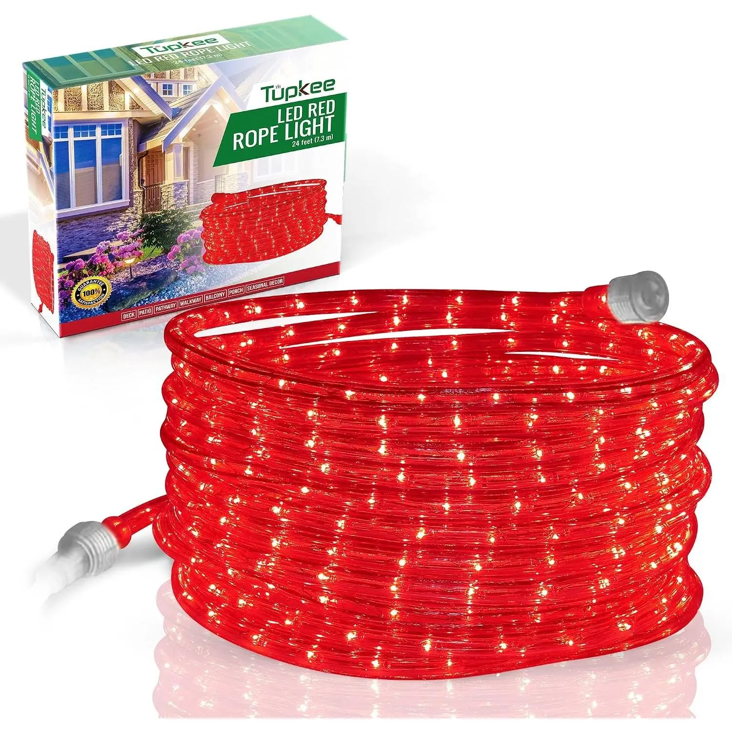 LED Rope Light Red 24 Feet (7.3 m) 10MM Diameter 144 LED Long Life Bulbs Rope Tube Lights for Indoor and Outdoor use