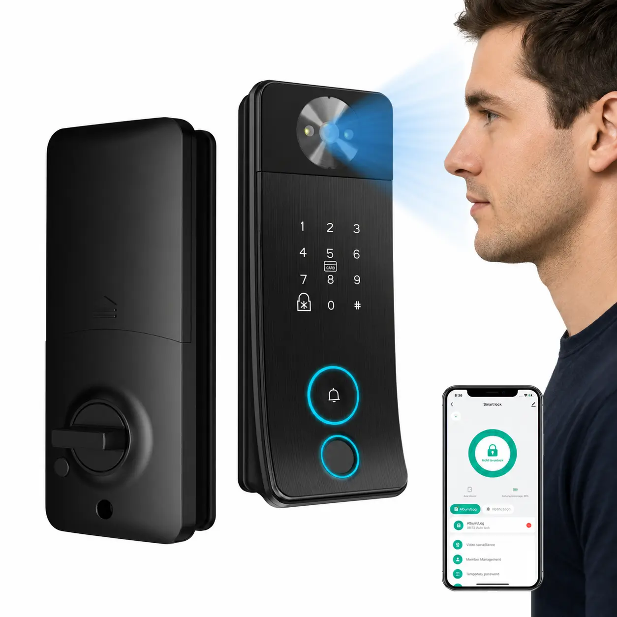 Keyless Entry Smart Door Lock with Palm Vein, Fingerprint, Face Recognition, 2K 180-Degree Security Camera, Video Doorbell, Motion Detection, IP53 Waterproof, App Control for Front Door, Office