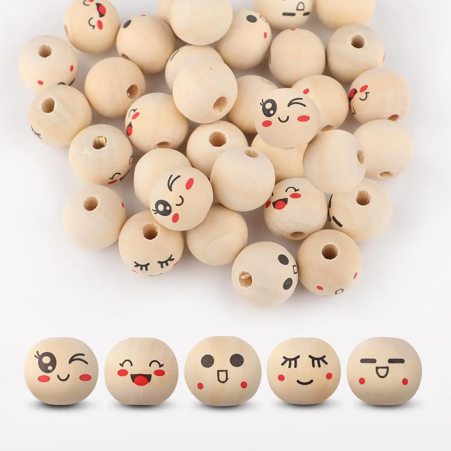 100 count Wooden Beads for Crafts, 20mm Smile Wooden Beads with Holes,  Round   Bead for DIY,  Making, Angel Decorations(Style 1)