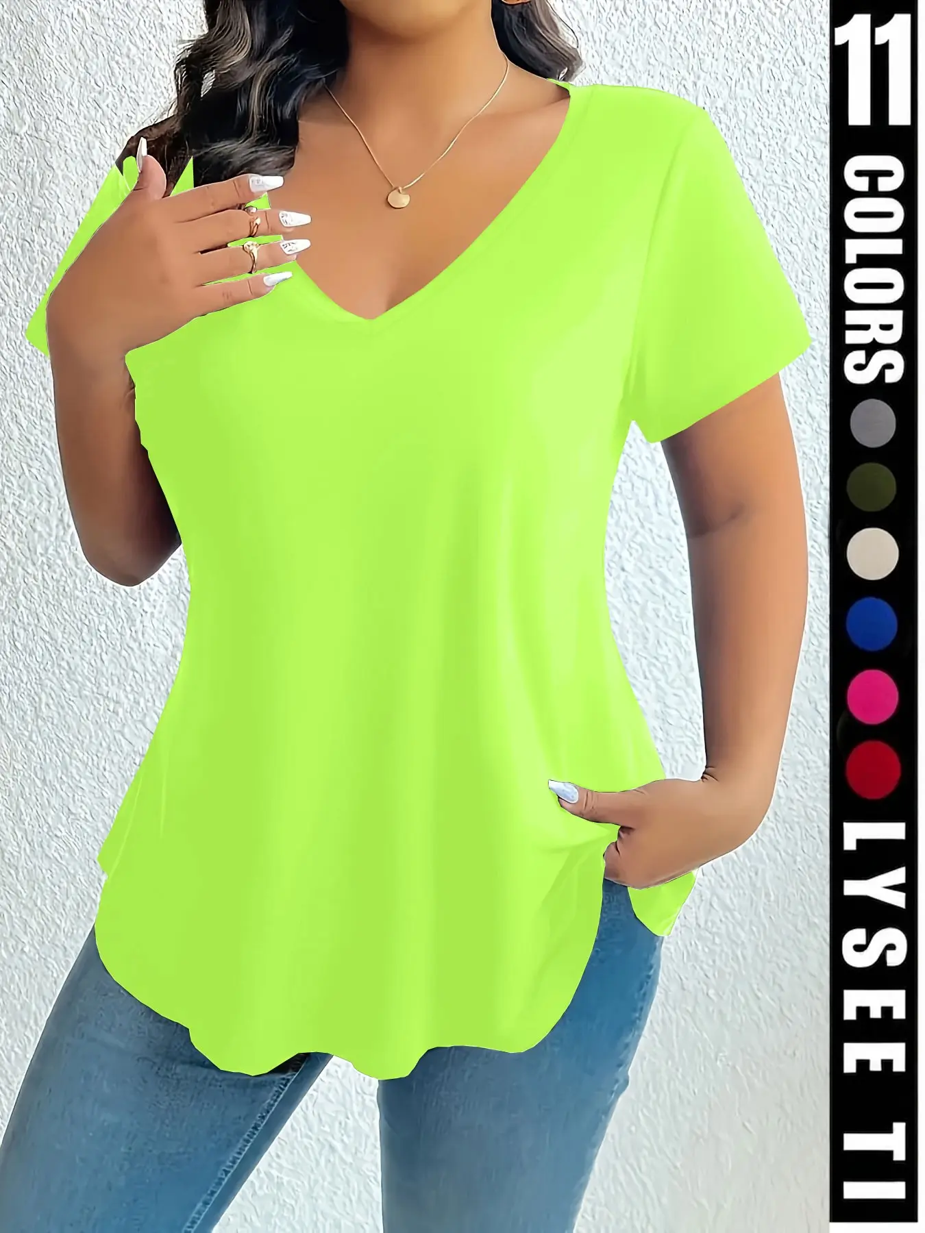 Summer Plus Size Women's Solid V Neck Short Sleeve T-Shirt, Loose Fit Elastic Soft Casual Everyday Top, 11 Colors Available, All Seasons