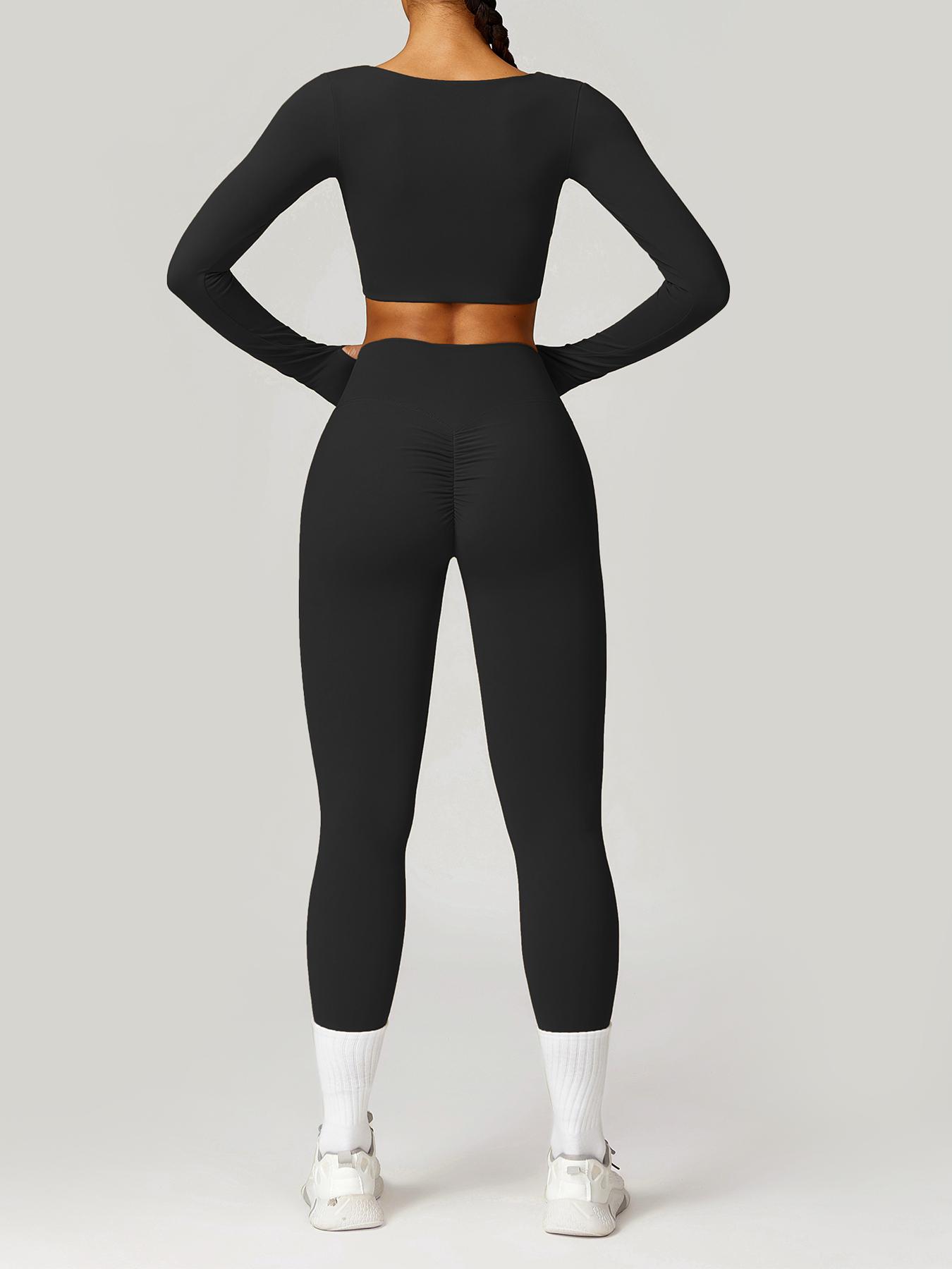 TIMEOFF Jinammonia fabric skin-friendly soft quick-drying breathable Women's Butterfly-shaped Pleated Low-cut Long-sleeved High-waist Hip-lifting Trousers Yoga suit Outdoor Running and Cycling Fashion suit Gym Sports Training All-match Long-sleeved Trouse