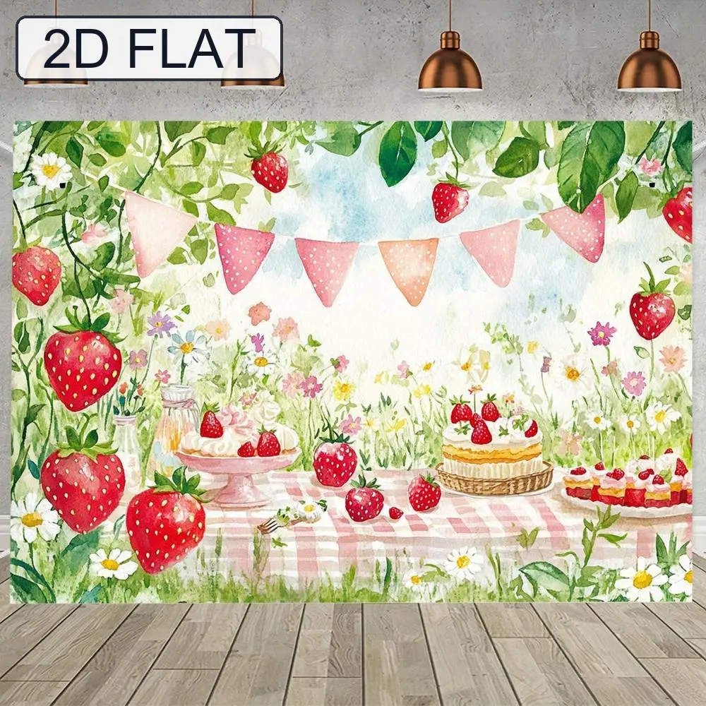 2D Flat, 2D Flat - 2D Flat, 2D Flat - A 2D Flat Banner for a Strawberry-Themed Birthday Party Featuring a Lively Garden Scene with a Cake, Tea Party Items, And Photo Booth Decorations. Made from Durable Polyest