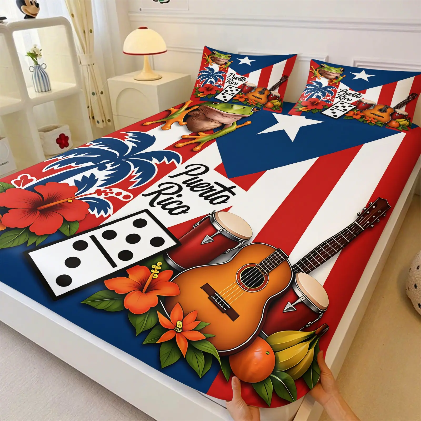 Puerto Rican Culture Fitted Sheet Set, Bed Linens, Includes 1 Bed Sheet and 2 Pillowcases, Fashionable Folklore Design Mattress Cover, Bedroom Home Decor Bedcap
