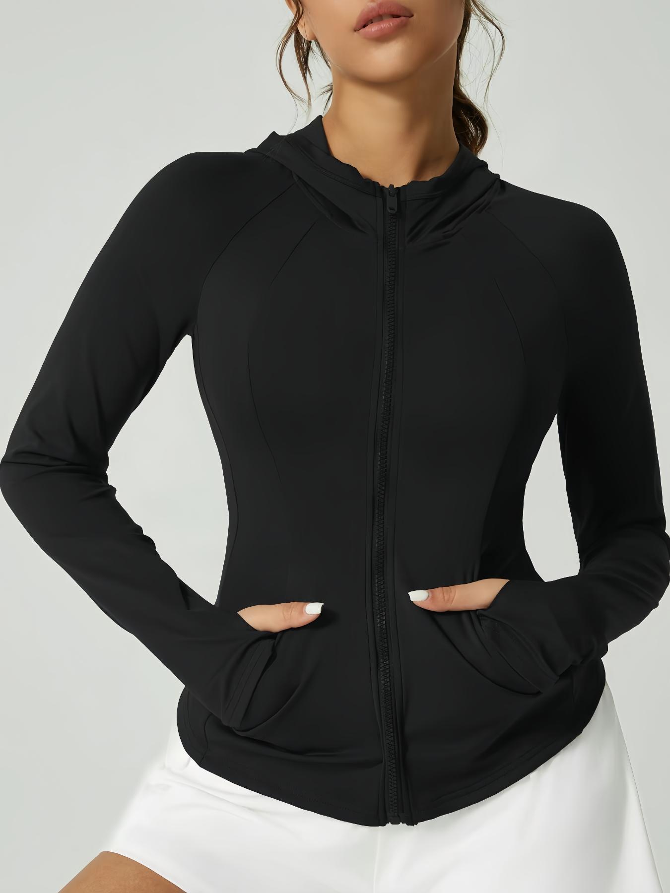 Women's Solid Color Thumb Hole Design Long Sleeve Zip Up Hooded Sports Jacket, High Stretch Sporty Comfortable Breathable Raglan Sleeve Pocket Hooded Jacket for Women, Ladies Sportswear for Indoor Outdoor Wear, Sporty Breathable Outerwear