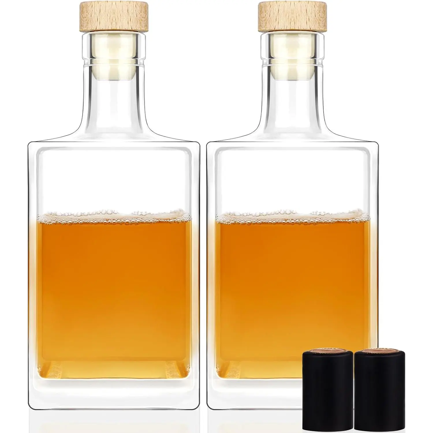 2Pack 25 oz 750 ml Clear Empty Square Glass Bottles with Cork Lid Cap for Liquor Vodka Brandy Whiskey Beer Water Soda