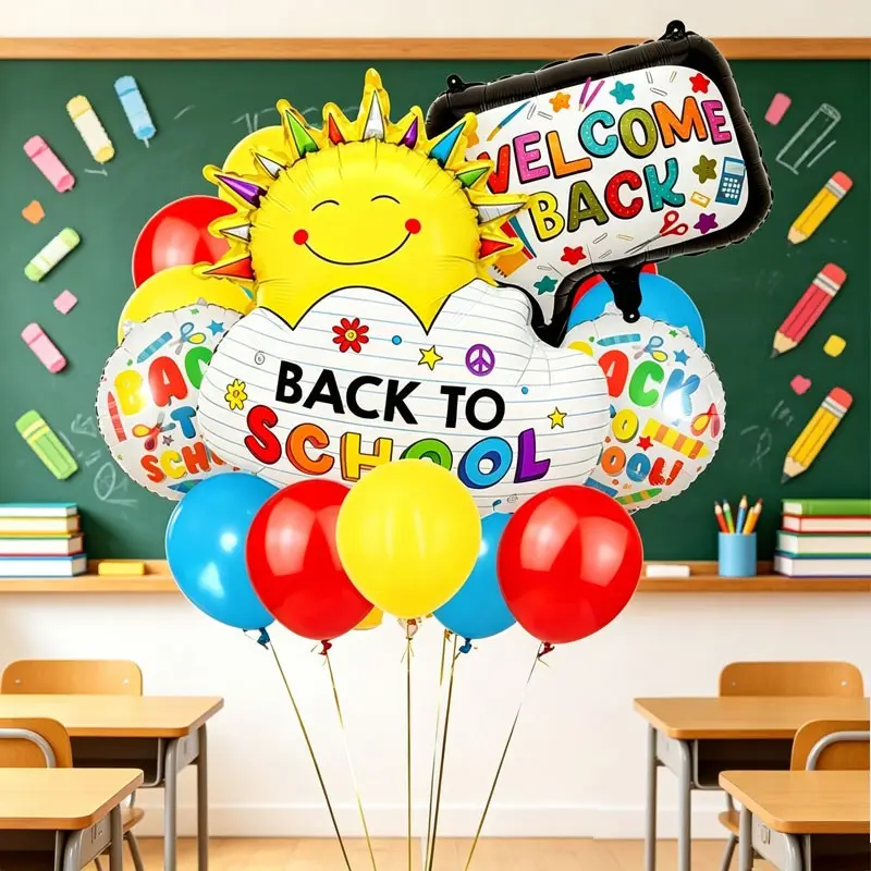 21-Piece Back-To-School Theme Aluminum Foil Balloon Set, Rainbow Cloud, Message Bubble, Round Balloons, Ideal for school opening decorations，back-to-school themed parties，Kindergarten Opening Ceremony，Class Welcome Corner Decoration，Freshman Welcome