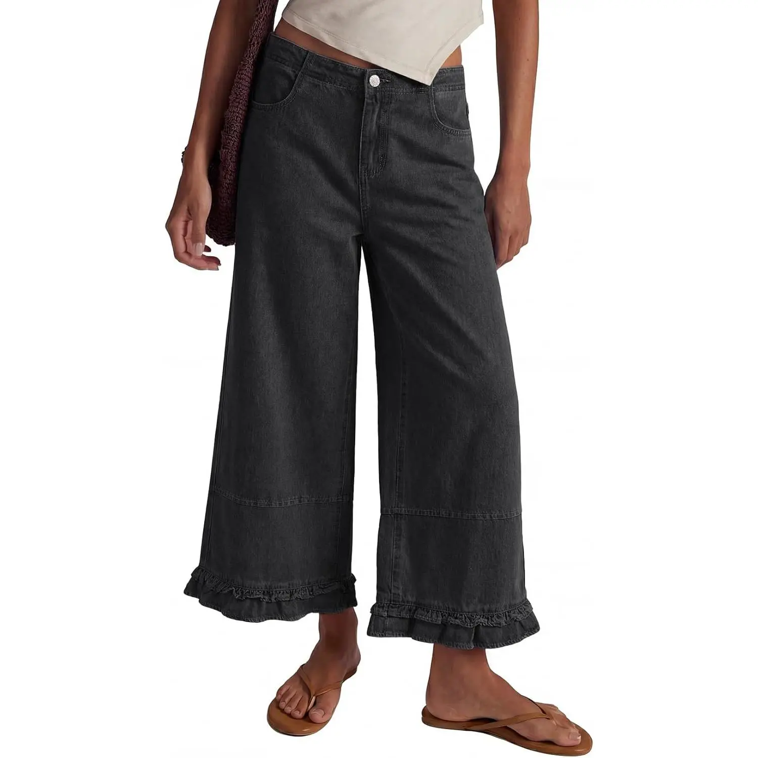 EVALESS Women's Cotton Mid-Waist Wide Leg Jeans - 2026 Trendy Cropped Baggy Bottoms with Ruffle Hem, Stylish Clothes for Casual Wear, Cardigans-Matching Style Pants