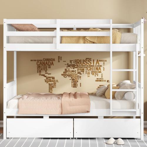 Bellemave】Twin Over Twin Rubber Wood Bunk Bed with 2 Drawers, Convertible into 2 Twin Beds, Twin Size Bunk Bed with Ladder and Safety Guardrails,Espresso
