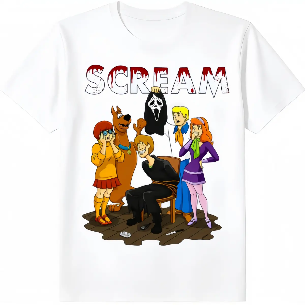 Horror Mask Cartoon Crossover Scream Letter Graphic Short Sleeve T-Shirt