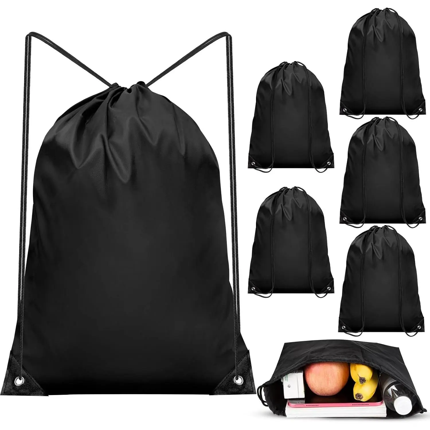 6Pcs Bulk Black Drawstring Backpack String Cinch Sack Sport Gym Bags for Yoga Traviling Outdoor Sports